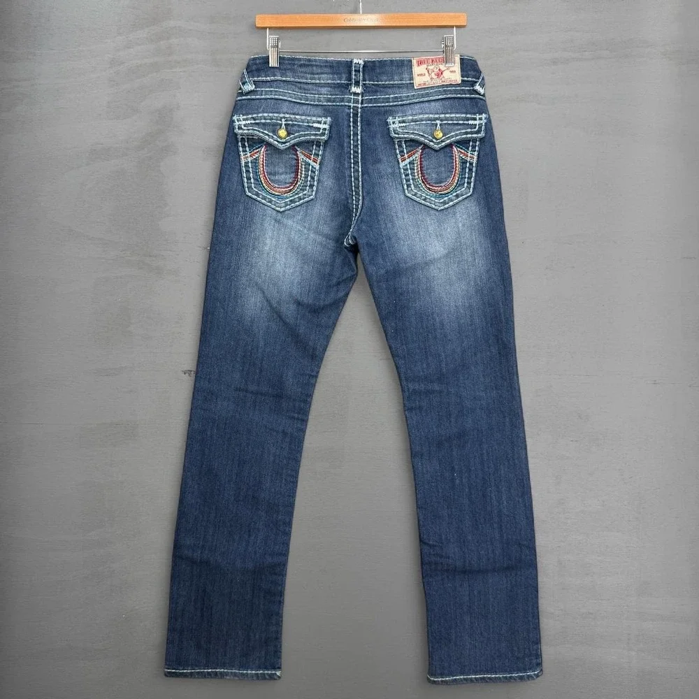 True Religion Joey Super T Jeans Blue Contrast Stitch Low Rise Boot Cut 31 x 31